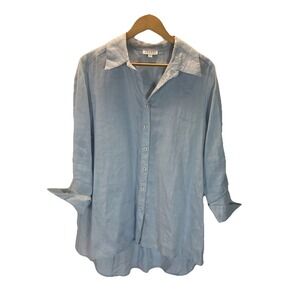 ISABEL 100% Linen Sz L  Womens Long Tunic Shirt Button Long Sleeve sky blue‎